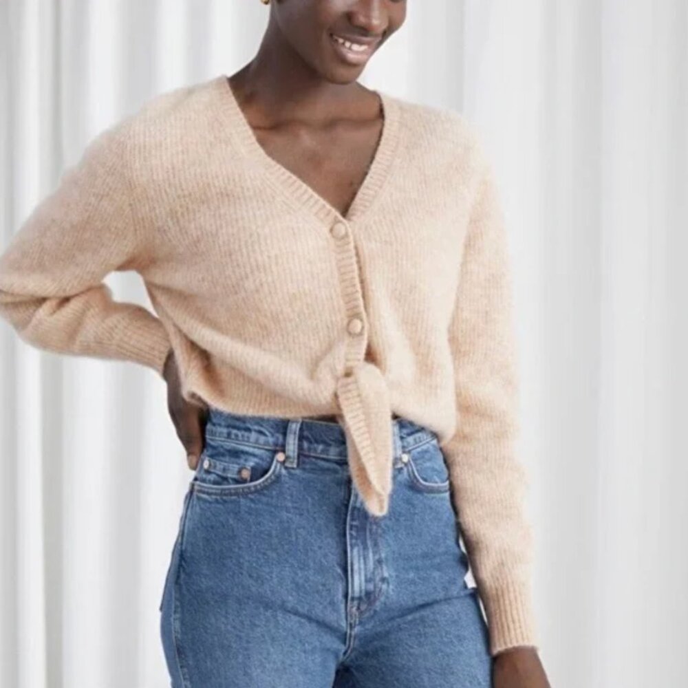 & Other Stories Beige Alpaca Wool Cropped Tie Cardigan